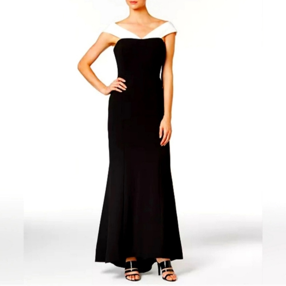 Calvin Klein Black and White Off-Shoulder Dress